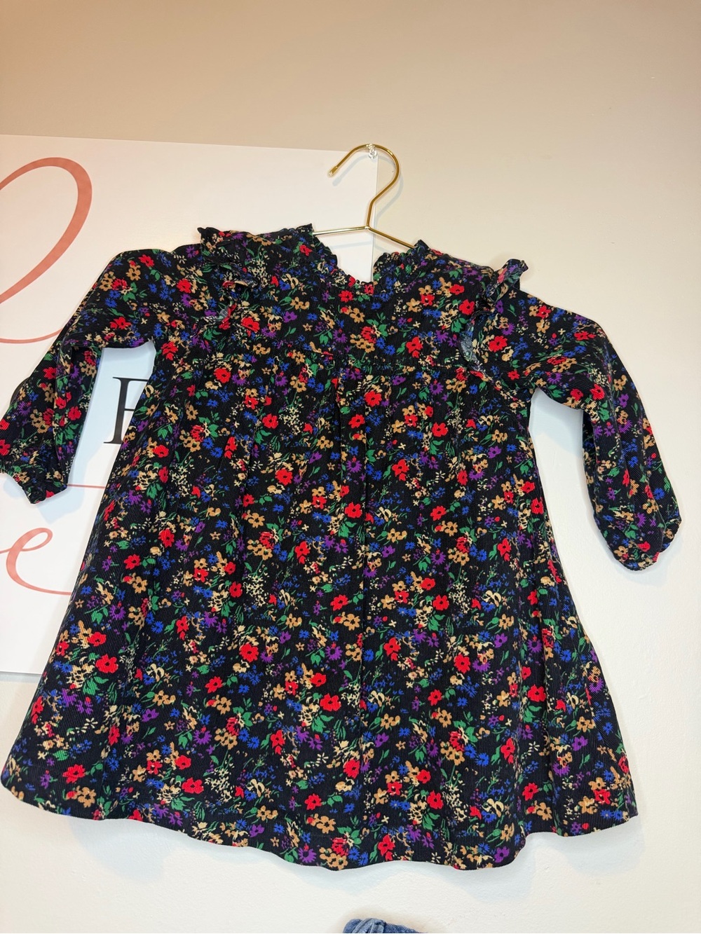 GAP Black Floral Ruffle Collar Long-Sleeve Dress